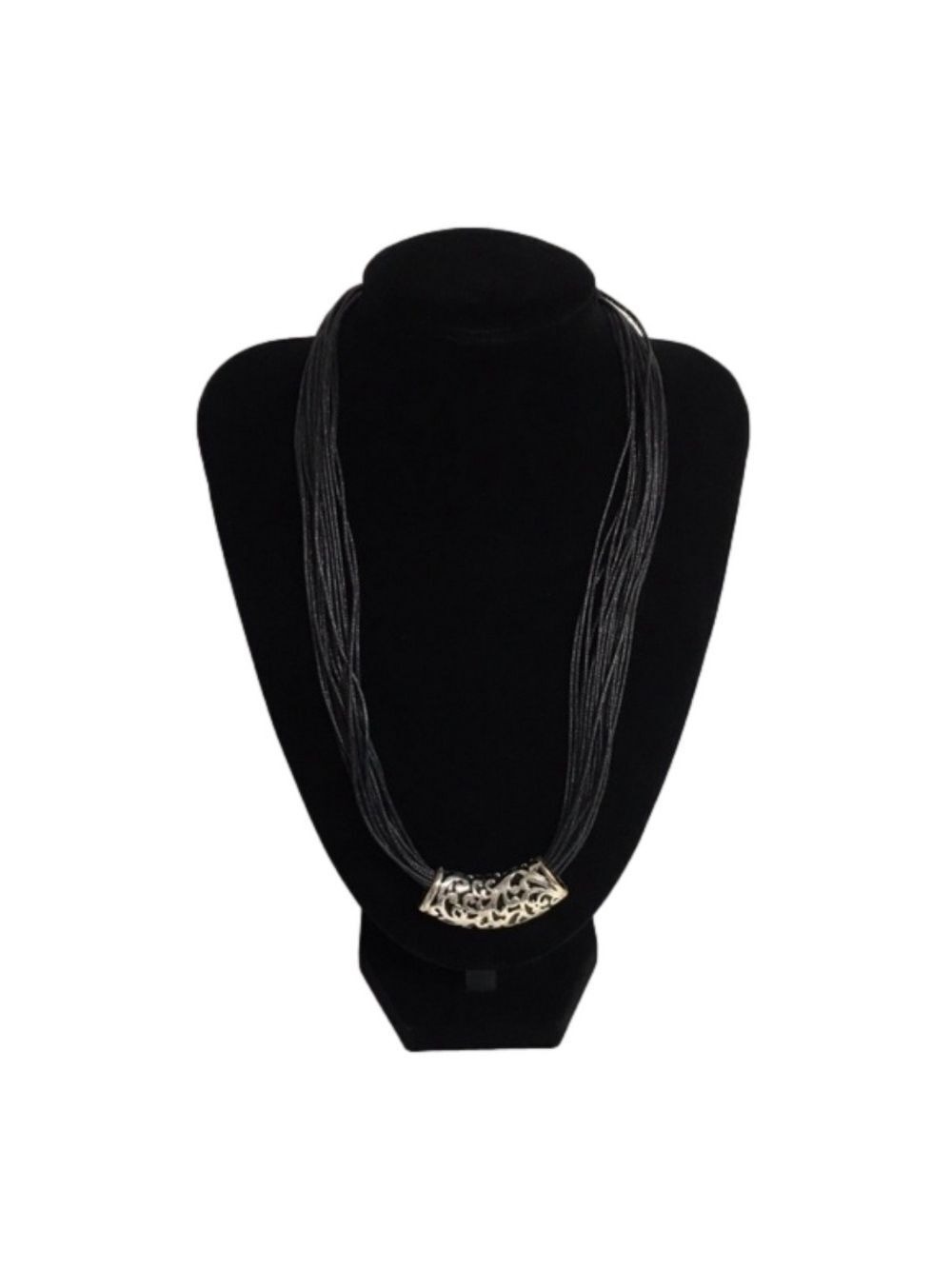 Black Leather Statement Necklace with Silver Slide